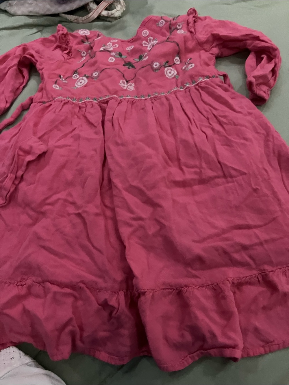 Girls' Pink Floral Embroidered Long-Sleeve Dress
